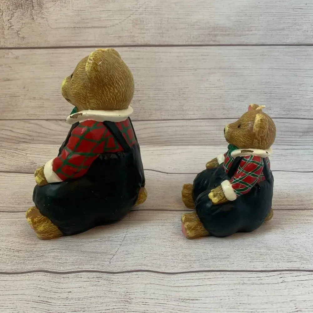 Vintage Teddy Bear Candles Set of 2 Bears with Bow Tie Plaid Shirt Overalls